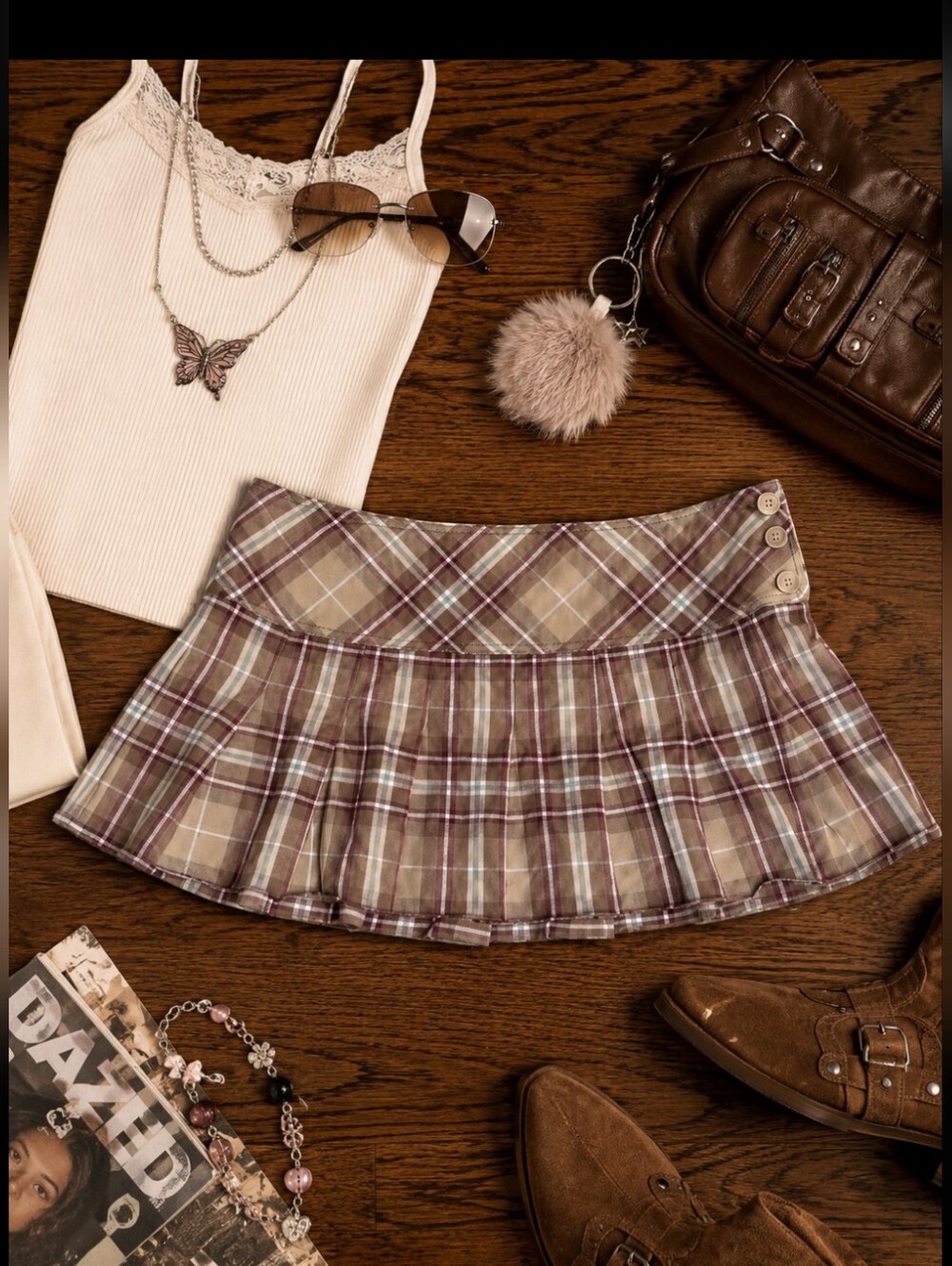 Y2k Aeropostale Tan Plaid Pleated Skater gurl Micro Mini Schoolgirl Skirt Sz 13